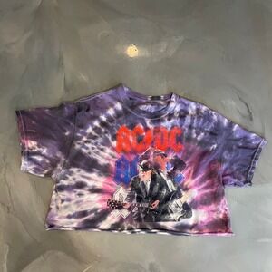 AC/DC Graphic Crop Top Purple Pink Tie Dye Rock Band Tee Womens Size M/L Grunge